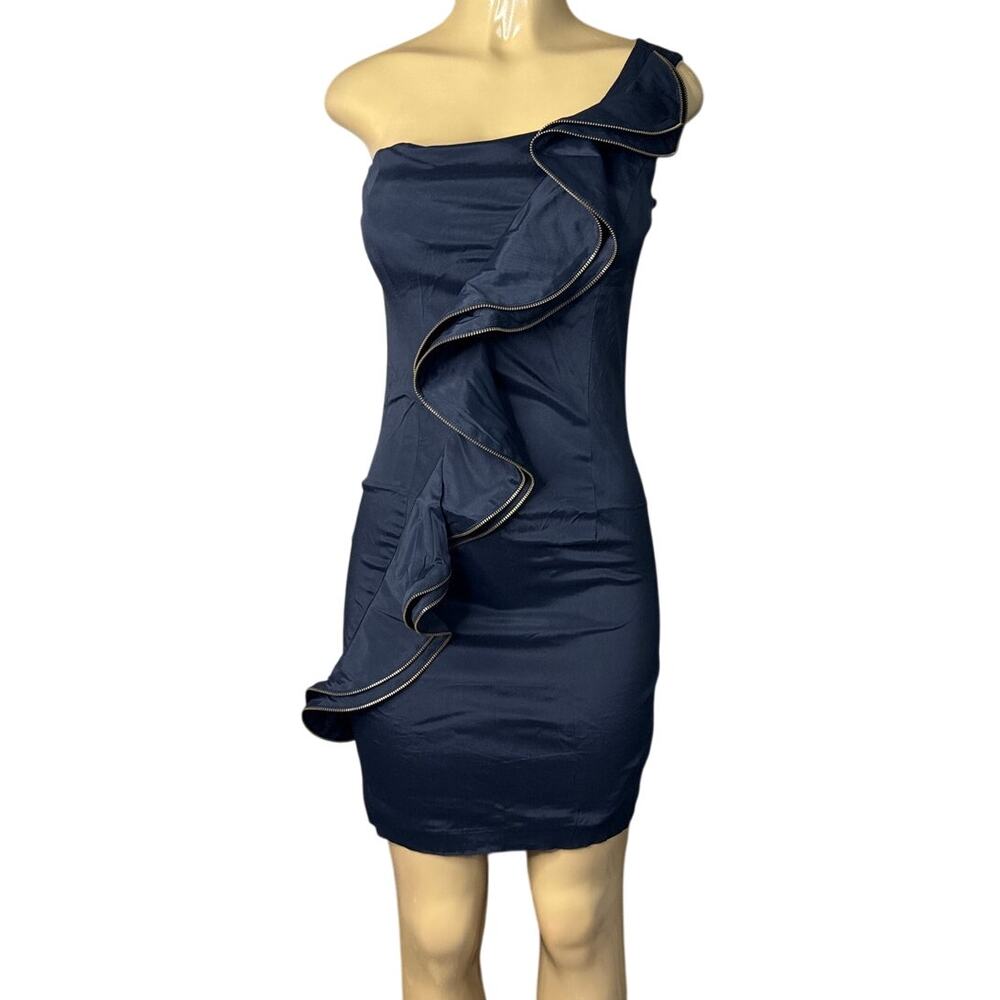 Betsy & Adam One Shoulder Fitted Mini Dress Ruffled Zipper Solid Black Size 6 8